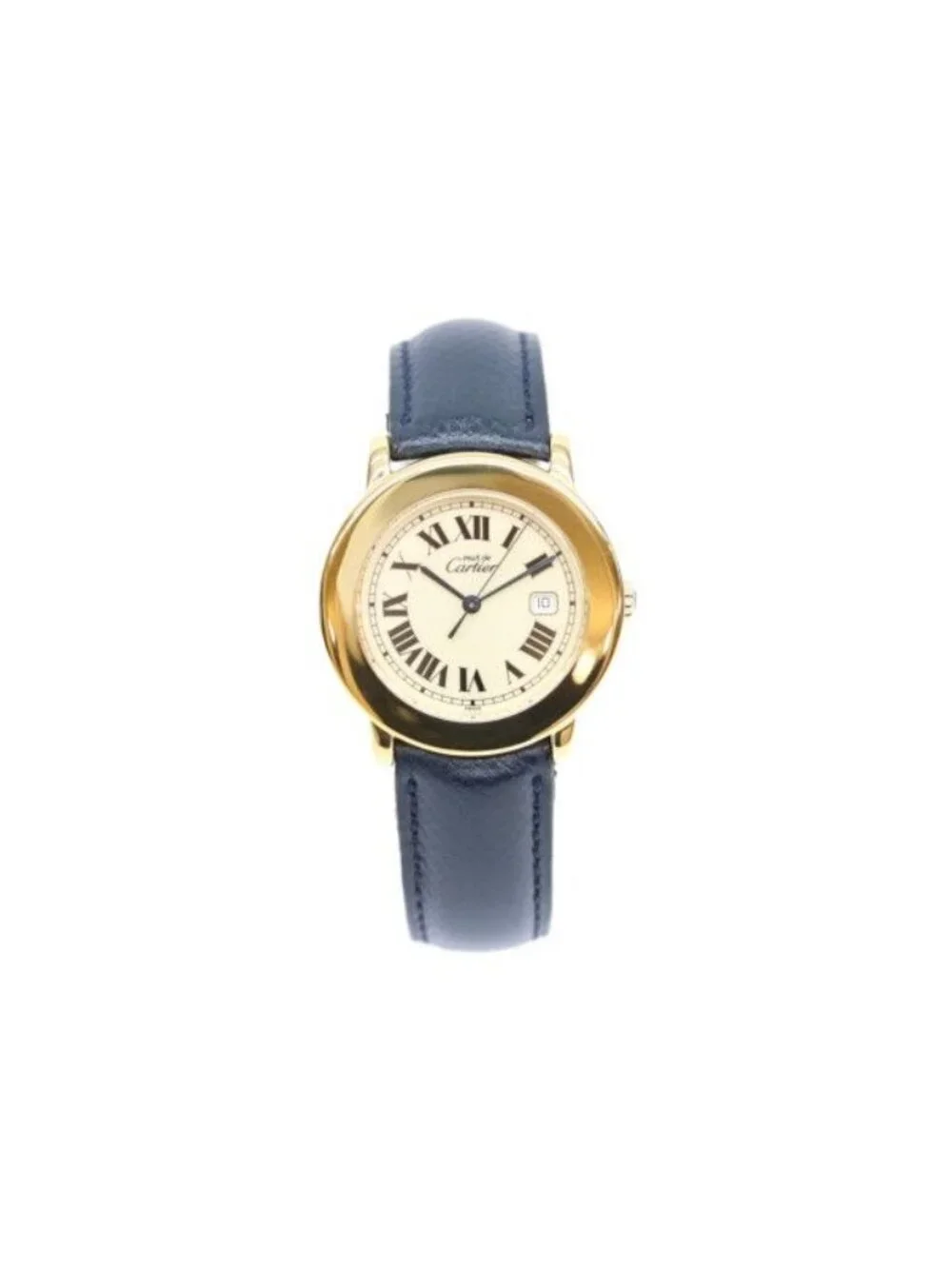 Cartier 925 Must Ronde LM Vermeil Date Ivory Roman Dial Leather Quartz